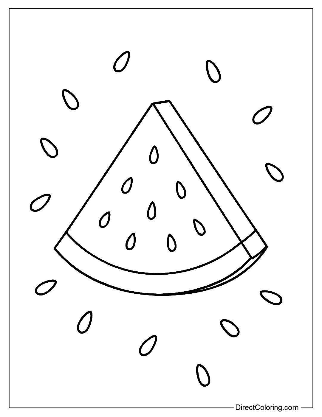 A coloring page of a slice of watermelon with the seeds separated and spread around.